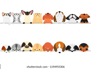 cute dogs and cats looking up and down border set