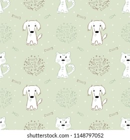 Cute Dogs and Cats and Pet Food Seamless pattern. Hand drawn Doodle Cartoon   Animals Background for Kids. Funny Puppy and Kitten. Pet Shop background. Vector Pets Sketch 