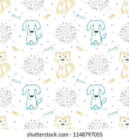 Cute Dogs and Cats and Pet Food Seamless pattern. Hand drawn Doodle Cartoon   Animals Background for Kids. Funny Puppy and Kitten. Pet Shop background. Vector Pets Sketch 