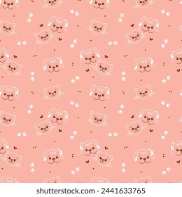 Cute Dogs and Cats Seamless Pattern. Pink Pattern of Line Art Cat and Dog Faces for baby design. Vector illustration