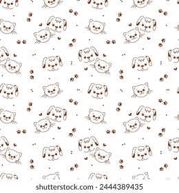Cute Dogs and Cats Seamless Pattern for baby design. Line Art Cat and Dog Faces. Vector illustration