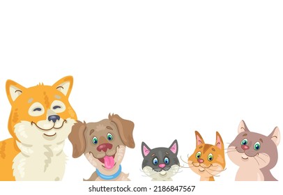 Cute dogs and cats. Template for banner or postcard in cartoon style. Isolated on white background. Place for your text. Vector flat illustration.