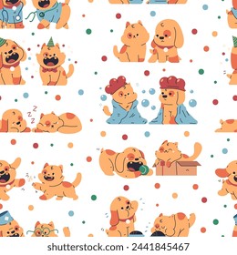 Cute dogs and cats vector cartoon seamless pattern background for wallpaper, wrapping, packing, and backdrop.