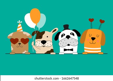 Cute dogs celebrate a birthday party. Happy birthday invitation card. Happy Valentine's day!  Vector illustration for banner, poster, postcard. 