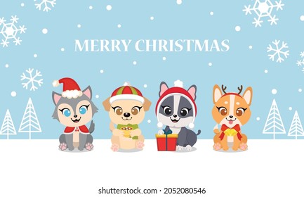 Cute dogs celebrates Christmas together greeting card. Flat vector cartoon design