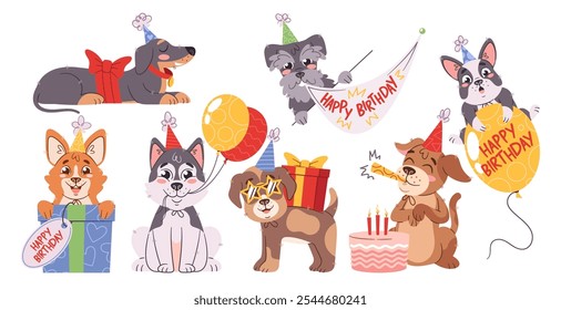 Personajes lindos de los perros que celebran la fiesta de cumpleaños feliz, compartiendo deseos, dando regalos, haciendo sorpresa