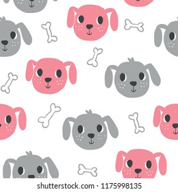 Cute dogs characters seamless pattern. Dog character doodle background in scandinavian style. Perfect for kids fabric, textile, nursery wallpaper. Vector Illustration. Pastel colors