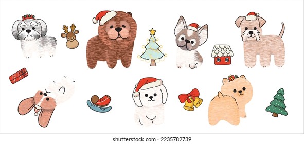 Cute dogs for Christmas day. Cartoon dog or puppy characters design collection with flat color in different poses. Set of funny pet animals isolated on white background.