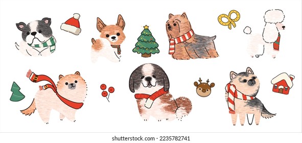 Cute dogs for Christmas day. Cartoon dog or puppy characters design collection with flat color in different poses. Set of funny pet animals isolated on white background.