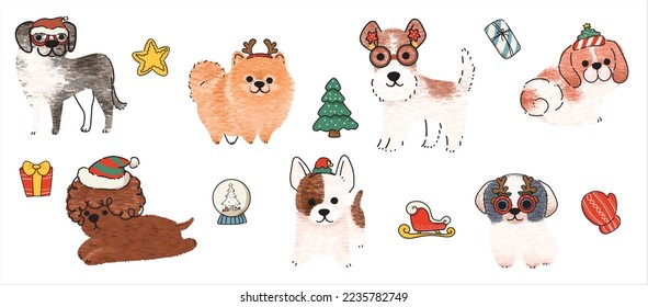 Cute dogs for Christmas day. Cartoon dog or puppy characters design collection with flat color in different poses. Set of funny pet animals isolated on white background.