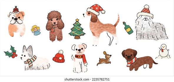 Cute dogs for Christmas day. Cartoon dog or puppy characters design collection with flat color in different poses. Set of funny pet animals isolated on white background.