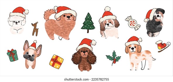 Cute dogs for Christmas day. Cartoon dog or puppy characters design collection with flat color in different poses. Set of funny pet animals isolated on white background.