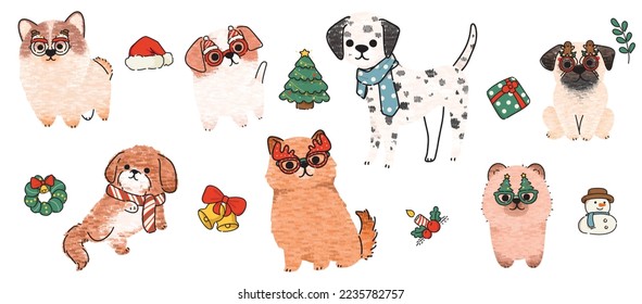 Cute dogs for Christmas day. Cartoon dog or puppy characters design collection with flat color in different poses. Set of funny pet animals isolated on white background.