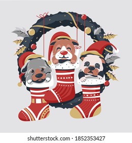 Cute Dogs Christmas seasonal with wreath and Christmas socks background vector illustration