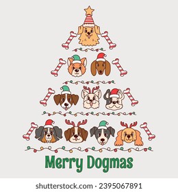 cute dogs with christmas tree illustration, christmas tree with dogs, christmas tree with dogs 