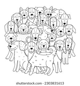 Cute dogs circle shape coloring page. Funny puppy characters mandala for coloring book. Vector illustration