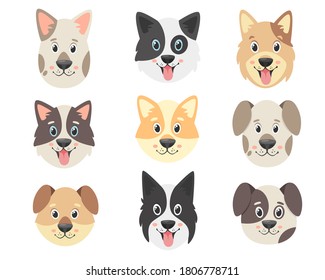 Cute dogs collection. Dogs faces. Isolated on white background. 