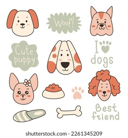 Cute dogs collection with inscriptions. Simple friendly pets smiling muzzles set. Hand drawn various breeds with canine elements bones, feed, paw print