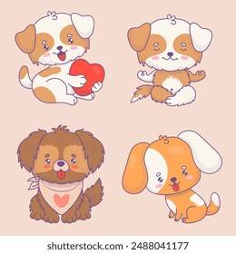 Cute dogs collection. Isolated cartoon kawaii animal. Funny pet yogi meditates, romantic with heart, fluffy in bib, spotted with tongue hanging out and big ears. Vector illustration. Kids collection