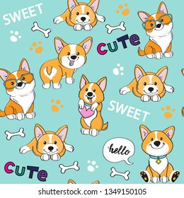 Cute dogs corgi on a blue background seamless pattern