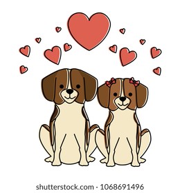 cute dogs couple lovers with hearts characters