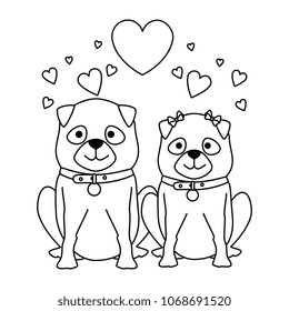 cute dogs couple lovers with hearts characters