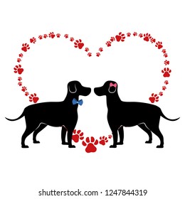 cute dogs couple silhouettes in heart paws