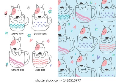 cute dogs in cups are hand drawn, with editable patterns. illustrations can be used for cards, baby invitations, bags, backgrounds, wallpapers, shirts, fabrics and for digital and print media