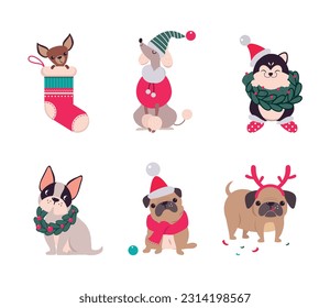 Cute Dogs of Different Breed Celebrating Christmas Vector Set