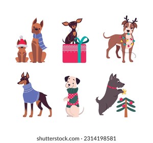 Cute Dogs of Different Breed Celebrating Christmas Vector Set