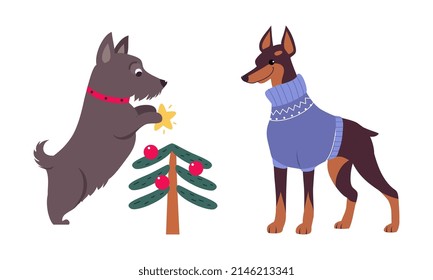 Cute Dogs of Different Breed Dressed in Christmas Ugly Sweater and Decorating Fir Tree Vector Set