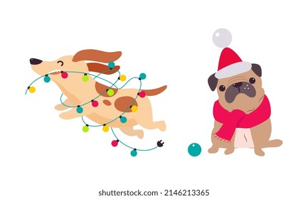 Cute Dogs of Different Breed Dressed in Christmas Scarf and Tangled in Garland Vector Set
