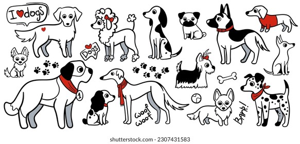 Cute dogs of different breeds collection in doodle cartoon style. Black and white contoured with red elements dogs for stickers, coloring book page, printing and other. Isolated on white background