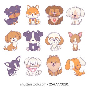 Cães bonitos diferentes raças coleção. Engraçado animal de estimação de chihuachua, Rottweiler, vira-lata, Shiba Inu, spitz, pinscher, Shih Tzu. Isolado desenho animado kawaii animal. Ilustração vetorial. Coleção Kids