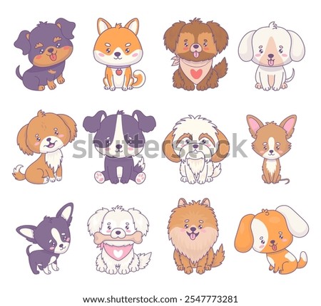 Cute dogs different breeds collection. Funny pet of chihuachua, Rottweiler, mongrel, Shiba Inu, spitz, pinscher, Shih Tzu. Isolated cartoon kawaii animal. Vector illustration. Kids collection