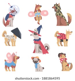 Cute Dogs of Different Breeds in Festive Costumes Set, Funny Pets Animals Dressed for Masquerade, Carnival, Party, Holiday Celebration Cartoon Style Vector Illustration