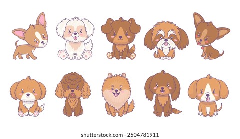 Süße Hunde verschiedener Rassen. Lustiges Haustier von Chihuahua, Mischling, Spitzel, Pudel, Pinscher, Shih Tzu. Einziger Kawaii-Zeichentrickfilm. Vektorgrafik. Kinderkollektion