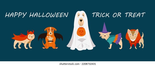 Perros de diferentes razas con trajes de Halloween. Animales de mascotas divertidos vestidos para la parte del carnaval. Estilo de caricatura de celebración de festividad vectorial Ilustración.