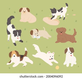 Cute dogs of different breeds are playing on the lawn. flat design style minimal vector illustration.