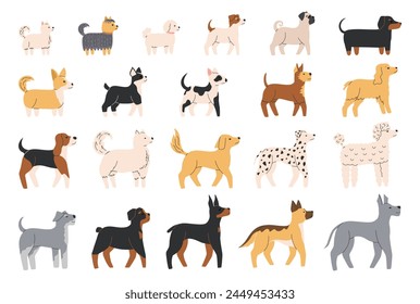 Lindos perros de diferentes razas. Caninos. Perritos grandes y pequeños. Vista lateral. Ilustración vectorial plana aislada sobre fondo blanco