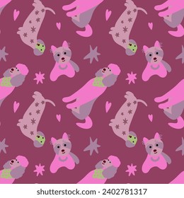Cute dogs of different breeds. Vector seamless pattern. Cartoon dogs with stars.