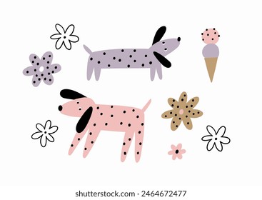 Cute dogs of different breeds, vector illustration in flat style. Pet on a walk with flowers