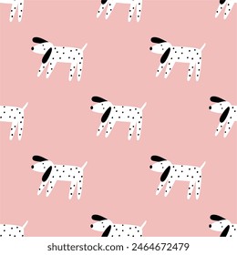 Cute dogs of different breeds, vector illustration in flat style. Pet on a walk with flowers - seamless pattern