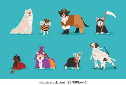 Cute dogs in different Halloween costume. Ghost, pirate, bee, devil witch and mummy. Happy Halloween vector illustration. Ideal for holiday cards, decorations, invitations and stickers