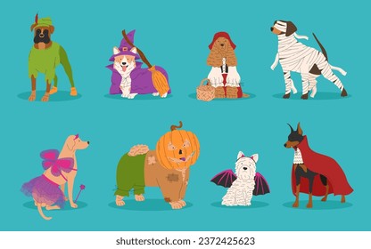 Cute dogs in different Halloween costume. Witch, mummy, vampire, bat, fairy, little girl and scarecrow. Happy Halloween vector illustration. Ideal for holiday cards, decorations, invitations and