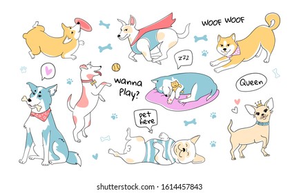Cute dogs doodle characters. Dogs different breeds, vector icons. Puppy - sticker set, patches, badges. Cute Pets with pastel color palette. Hand drawn style, outline set. Husky, Pug, Corgi, Shiba Inu