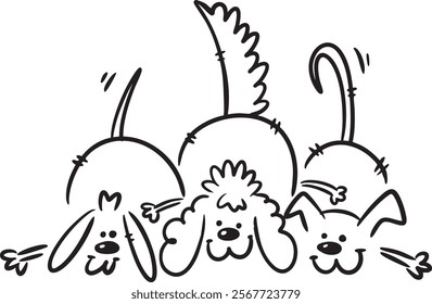 Cute Dogs Doodle line art graphic for t-shirt, dog lover, cartoon dogs hugging each other funny pet vector image