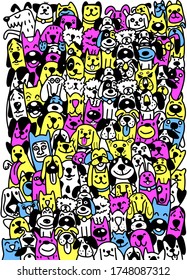 Cute dogs. Doodle style ,Different type of vector cartoon dog faces for design. Puppy face dog head doodle vector 