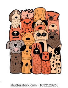 Cute dogs, doodle style. Funny animals. Vector illustration. Can be used for child books, cards, mug, T-shirt print.