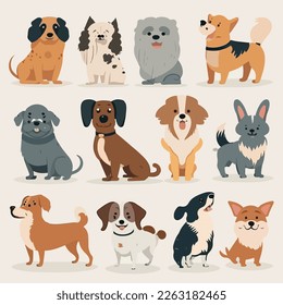 Cute dogs doodle vector 10 dogs. Cartoon dog or puppy characters design collection with flat color in different poses. Set of funny pet animals isolated on white background flat illustration 